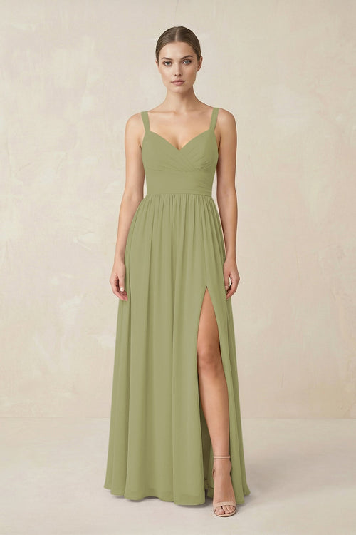 Sweetheart A - Line Chiffon Bridesmaid Dress with Slit in Moss Green - KissProm Bridesmaid Dresses