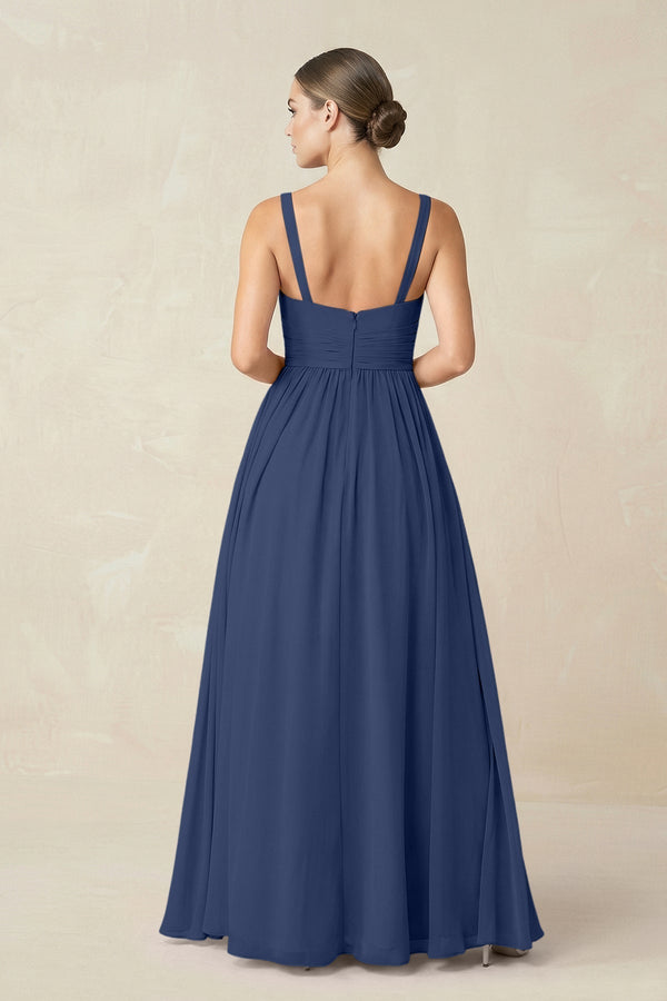 Sweetheart A - Line Chiffon Bridesmaid Dress with Slit in Navy - KissProm Bridesmaid Dresses
