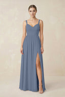 Sweetheart A - Line Chiffon Bridesmaid Dress with Slit in Neptune - KissProm Bridesmaid Dresses