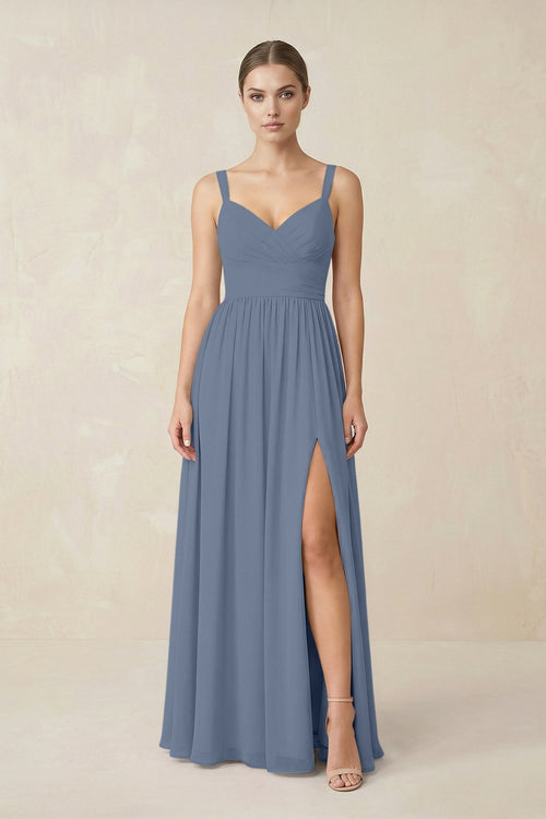 Sweetheart A - Line Chiffon Bridesmaid Dress with Slit in Neptune - KissProm Bridesmaid Dresses