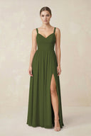 Sweetheart A - Line Chiffon Bridesmaid Dress with Slit in Olive - KissProm Bridesmaid Dresses