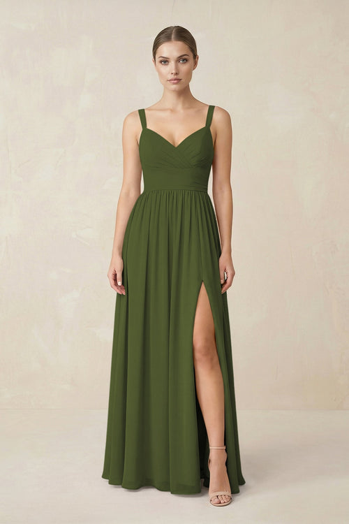 Sweetheart A - Line Chiffon Bridesmaid Dress with Slit in Olive - KissProm Bridesmaid Dresses