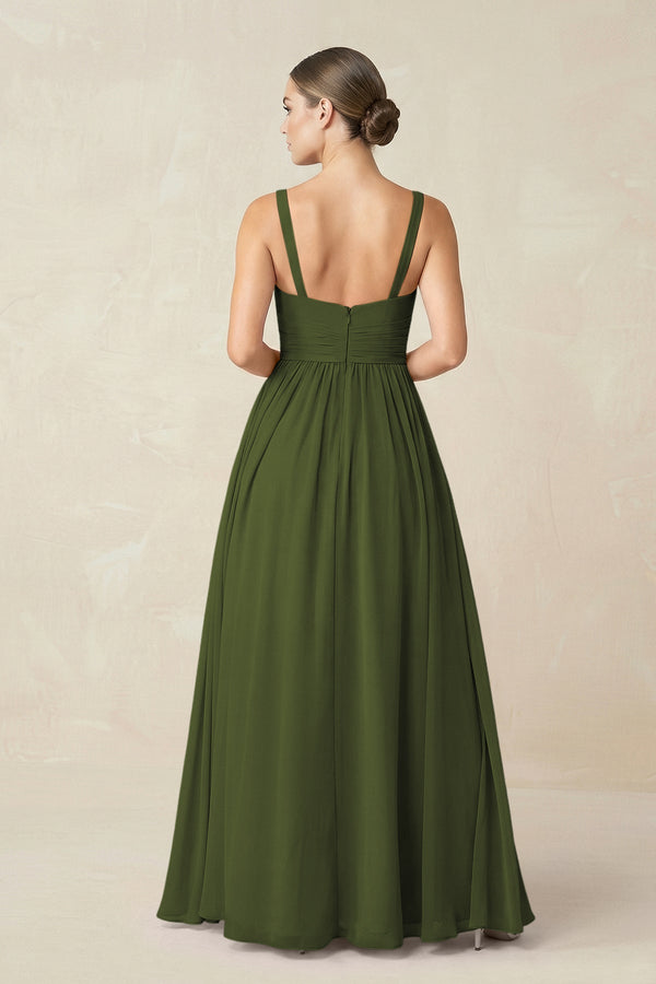 Sweetheart A - Line Chiffon Bridesmaid Dress with Slit in Olive - KissProm Bridesmaid Dresses