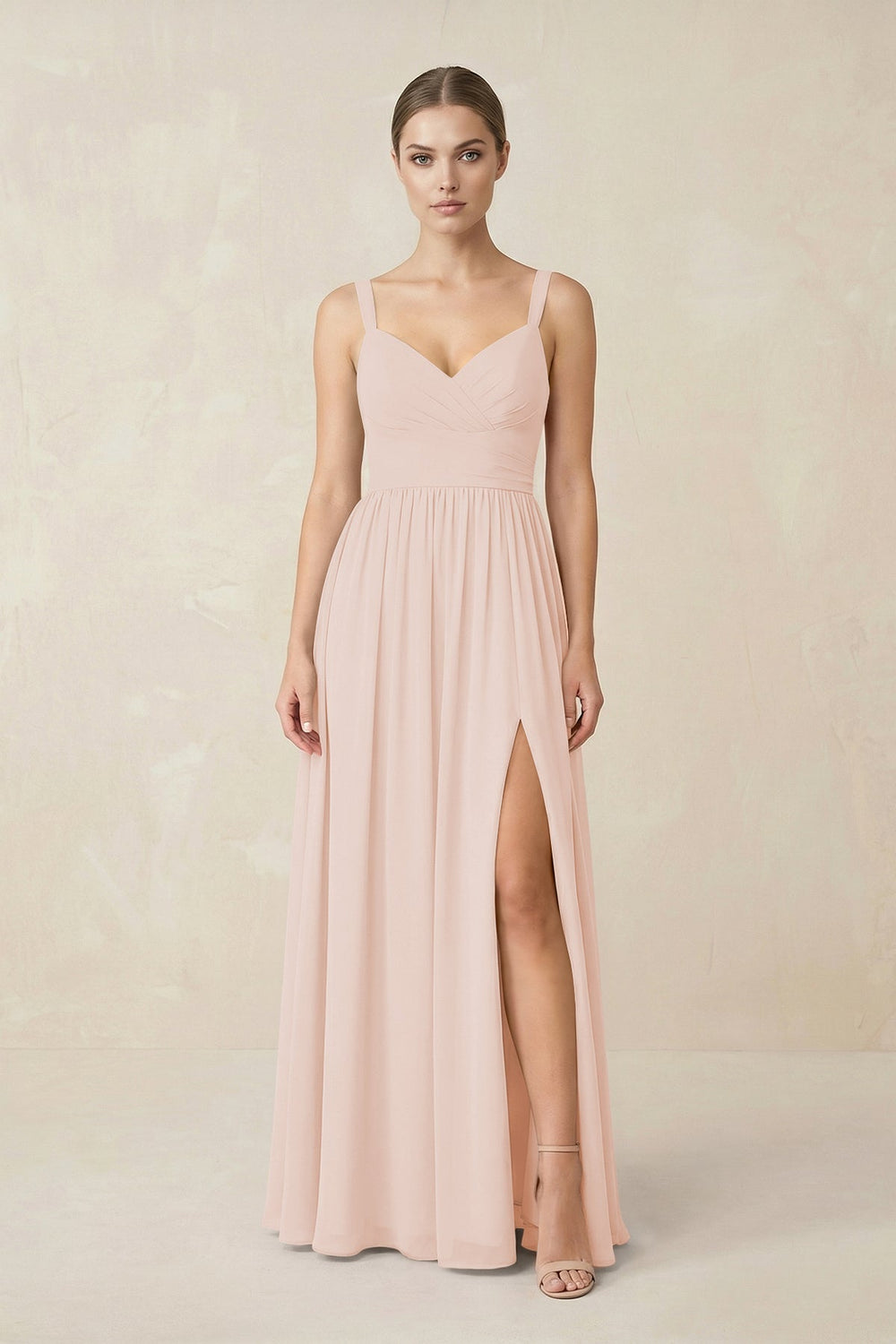 Sweetheart A - Line Chiffon Bridesmaid Dress with Slit in Pale Blush - KissProm Bridesmaid Dresses