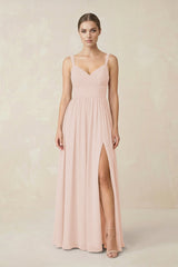 Sweetheart A - Line Chiffon Bridesmaid Dress with Slit in Pale Blush - KissProm Bridesmaid Dresses