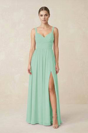 Sweetheart A - Line Chiffon Bridesmaid Dress with Slit in Pale Pistachio - KissProm Bridesmaid Dresses