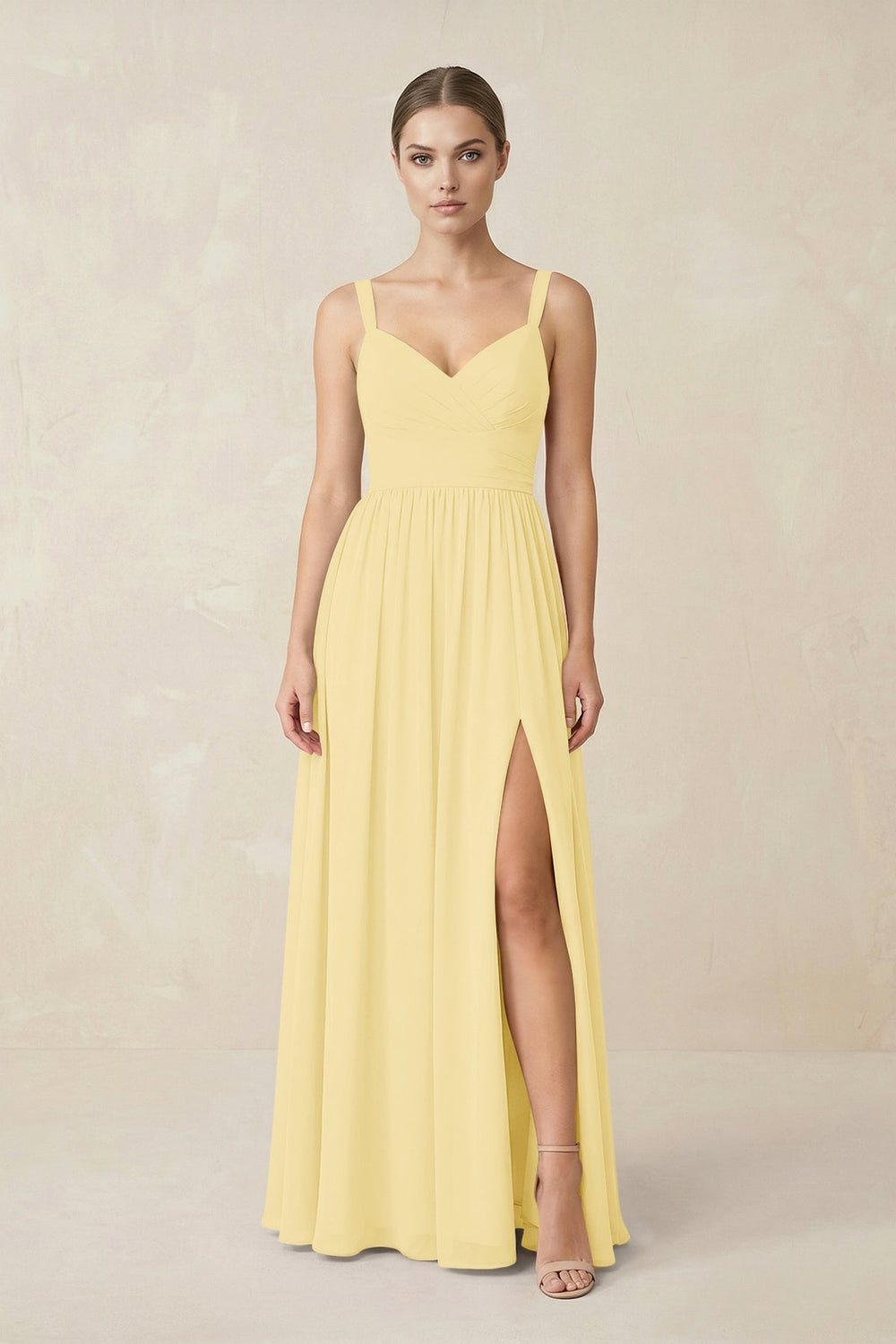 Sweetheart A - Line Chiffon Bridesmaid Dress with Slit in Pastel Yellow - KissProm Bridesmaid Dresses