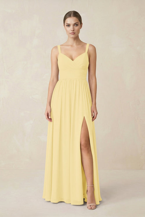 Sweetheart A - Line Chiffon Bridesmaid Dress with Slit in Pastel Yellow - KissProm Bridesmaid Dresses