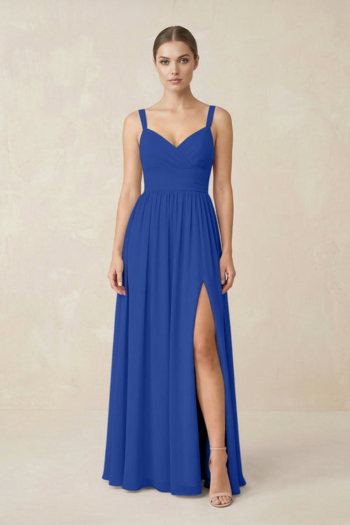 Sweetheart A - Line Chiffon Bridesmaid Dress with Slit in Royal Blue - KissProm Bridesmaid Dresses