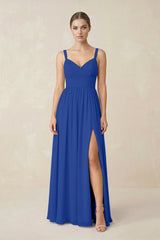 Sweetheart A - Line Chiffon Bridesmaid Dress with Slit in Royal Blue - KissProm Bridesmaid Dresses