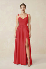 Sweetheart A - Line Chiffon Bridesmaid Dress with Slit in Ruby Red - KissProm Bridesmaid Dresses