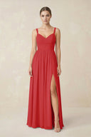 Sweetheart A - Line Chiffon Bridesmaid Dress with Slit in Ruby Red - KissProm Bridesmaid Dresses