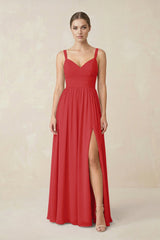 Sweetheart A - Line Chiffon Bridesmaid Dress with Slit in Ruby Red - KissProm Bridesmaid Dresses