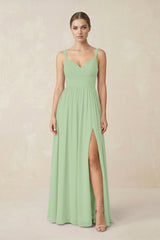 Sweetheart A - Line Chiffon Bridesmaid Dress with Slit in Sage - KissProm Bridesmaid Dresses