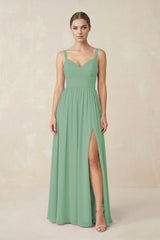 Sweetheart A - Line Chiffon Bridesmaid Dress with Slit in Sea Glass - KissProm Bridesmaid Dresses