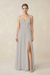 Sweetheart A - Line Chiffon Bridesmaid Dress with Slit in Silver - KissProm Bridesmaid Dresses