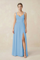 Sweetheart A - Line Chiffon Bridesmaid Dress with Slit in Steel Blue - KissProm Bridesmaid Dresses
