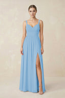 Sweetheart A - Line Chiffon Bridesmaid Dress with Slit in Steel Blue - KissProm Bridesmaid Dresses