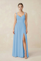 Sweetheart A - Line Chiffon Bridesmaid Dress with Slit in Steel Blue - KissProm Bridesmaid Dresses