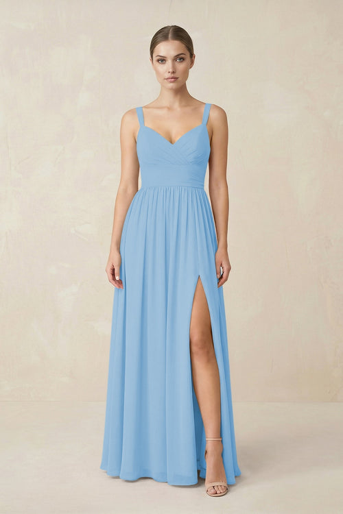 Sweetheart A - Line Chiffon Bridesmaid Dress with Slit in Steel Blue - KissProm Bridesmaid Dresses