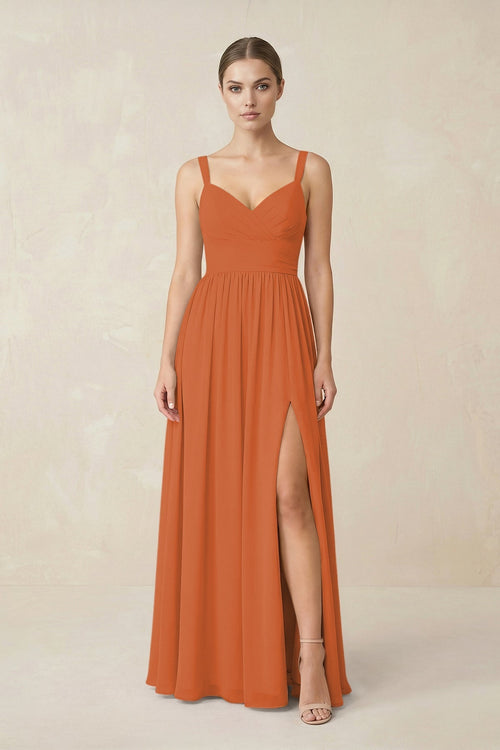 Sweetheart A - Line Chiffon Bridesmaid Dress with Slit in Terracotta - KissProm Bridesmaid Dresses