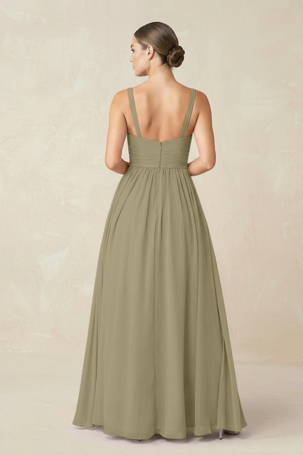 Sweetheart A - Line Chiffon Bridesmaid Dress with Slit in Thyme - KissProm Bridesmaid Dresses