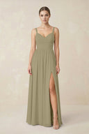 Sweetheart A - Line Chiffon Bridesmaid Dress with Slit in Thyme - KissProm Bridesmaid Dresses