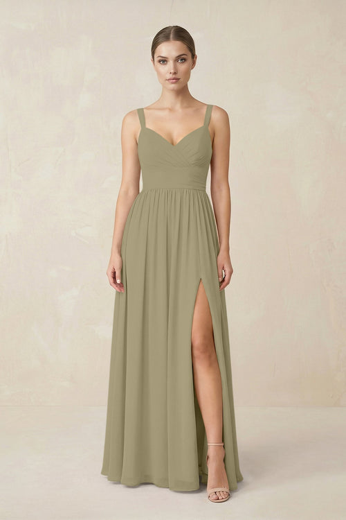 Sweetheart A - Line Chiffon Bridesmaid Dress with Slit in Thyme - KissProm Bridesmaid Dresses