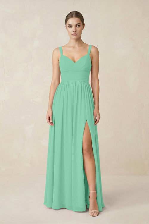 Sweetheart A - Line Chiffon Bridesmaid Dress with Slit in Turquoise - KissProm Bridesmaid Dresses