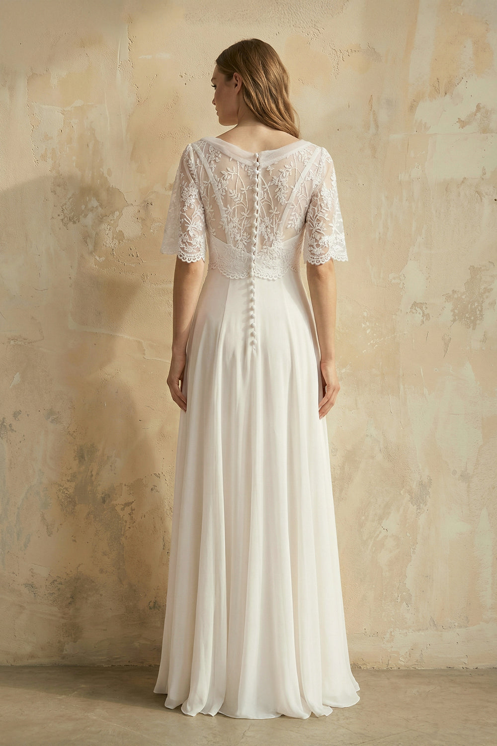 Sweetheart A-line Chiffon Dress With Half-sleeved Illusion Bodice