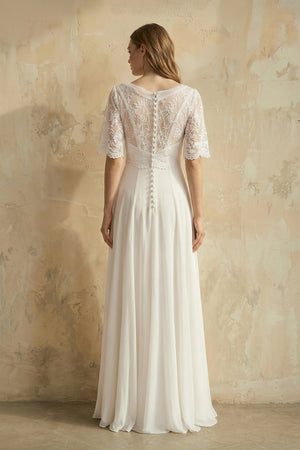 Sweetheart A-line Chiffon Dress With Half-sleeved Illusion Bodice