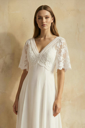 Sweetheart A-line Chiffon Dress With Half-sleeved Illusion Bodice