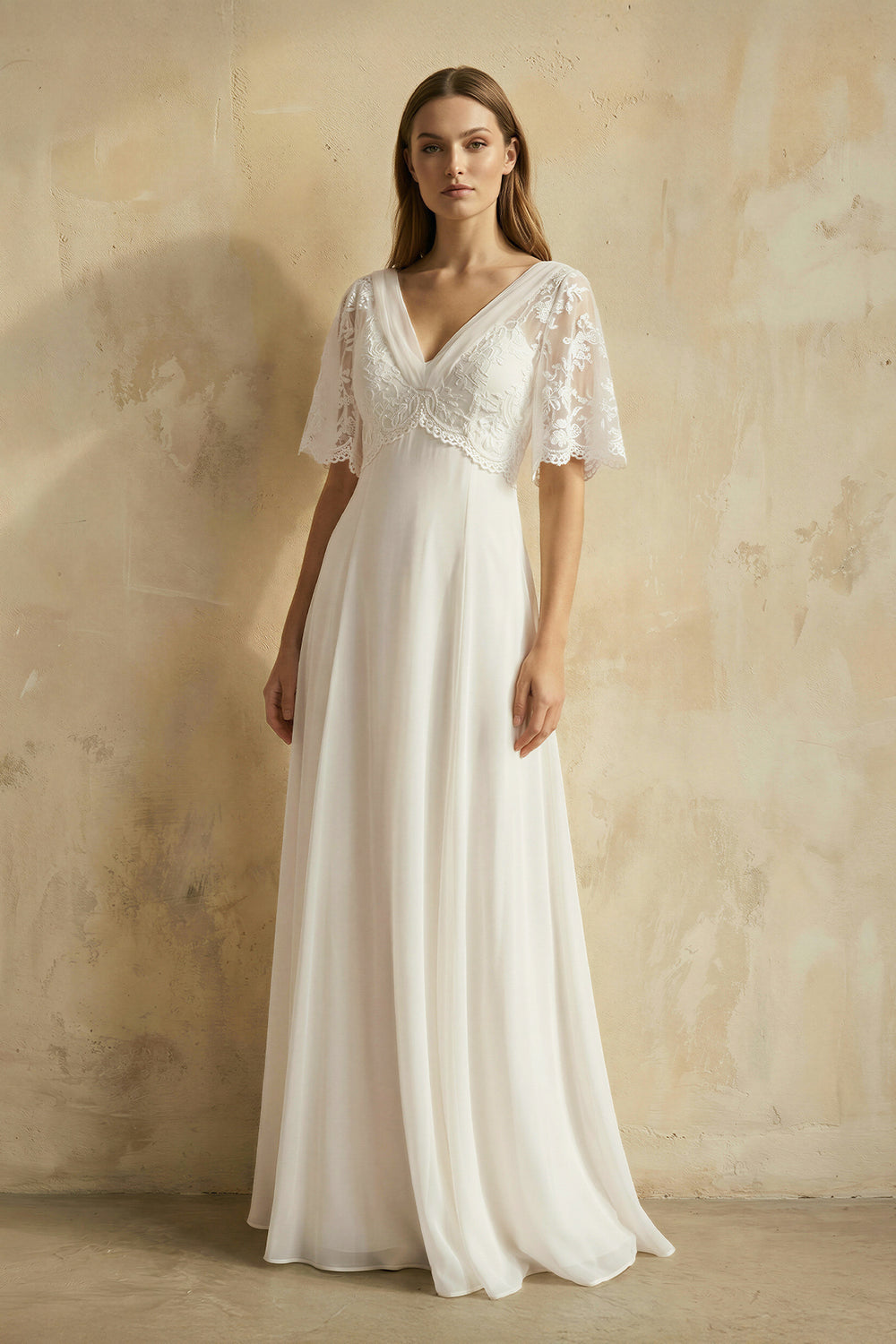 Sweetheart A-line Chiffon Dress With Half-sleeved Illusion Bodice