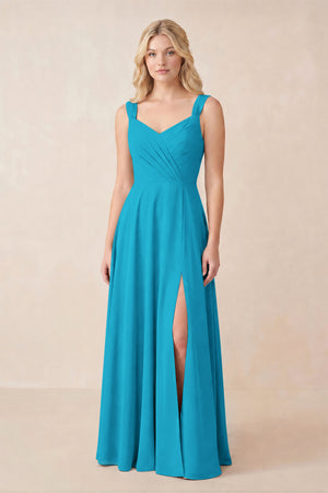 Sweetheart A-Line Chiffon Long Bridesmaid Dress in Blue Jay