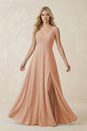 Sweetheart A - Line Chiffon Long Bridesmaid Dress in Champagne Rose - KissProm Bridesmaid Dresses
