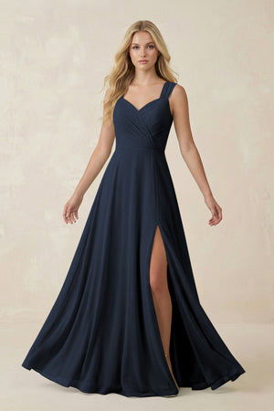Sweetheart A - Line Chiffon Long Bridesmaid Dress in Dark Navy - KissProm Bridesmaid Dresses