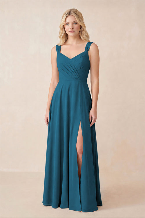 KissProm Sweetheart A-Line Chiffon Long Bridesmaid Dress in Dark Teal, Dark Teal / 22