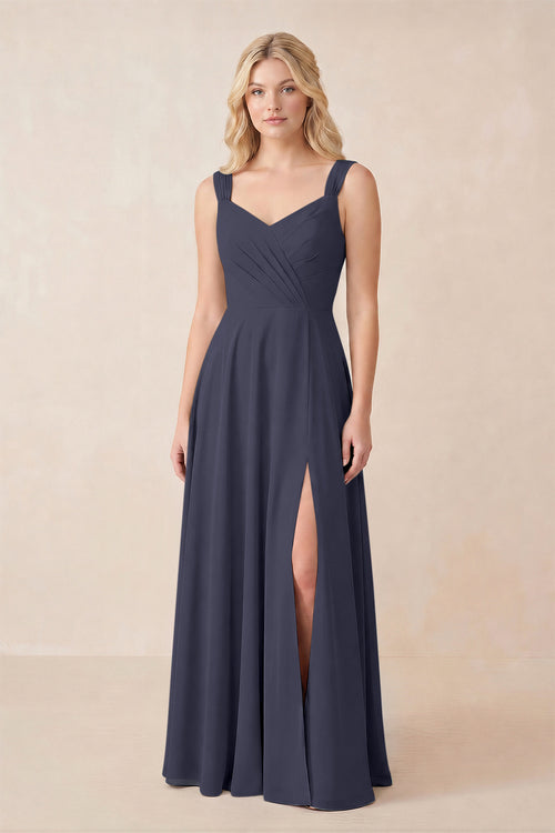 KissProm Sweetheart A-Line Chiffon Long Bridesmaid Dress in Dusk Blue, Dusk Blue / 12