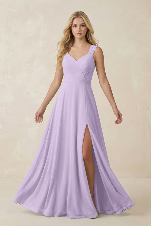 Sweetheart A - Line Chiffon Long Bridesmaid Dress in Lavender - KissProm Bridesmaid Dresses