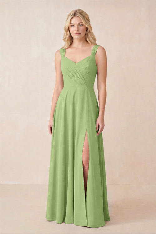 Sweetheart A-Line Chiffon Long Bridesmaid Dress in Matcha