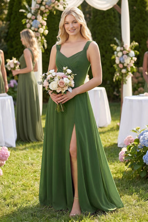 Sweetheart A-Line Chiffon Long Bridesmaid Dress in Moss