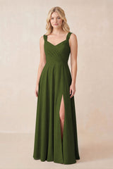 Sweetheart A-Line Chiffon Long Bridesmaid Dress in Olive