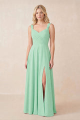 Sweetheart A-Line Chiffon Long Bridesmaid Dress in Pale Pistachio