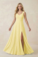 Sweetheart A - Line Chiffon Long Bridesmaid Dress in Pastel Yellow - KissProm Bridesmaid Dresses