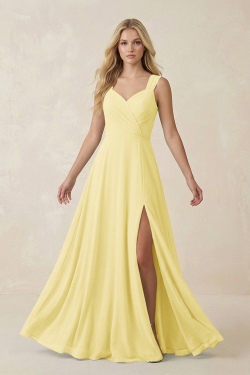Sweetheart A - Line Chiffon Long Bridesmaid Dress in Pastel Yellow - KissProm Bridesmaid Dresses