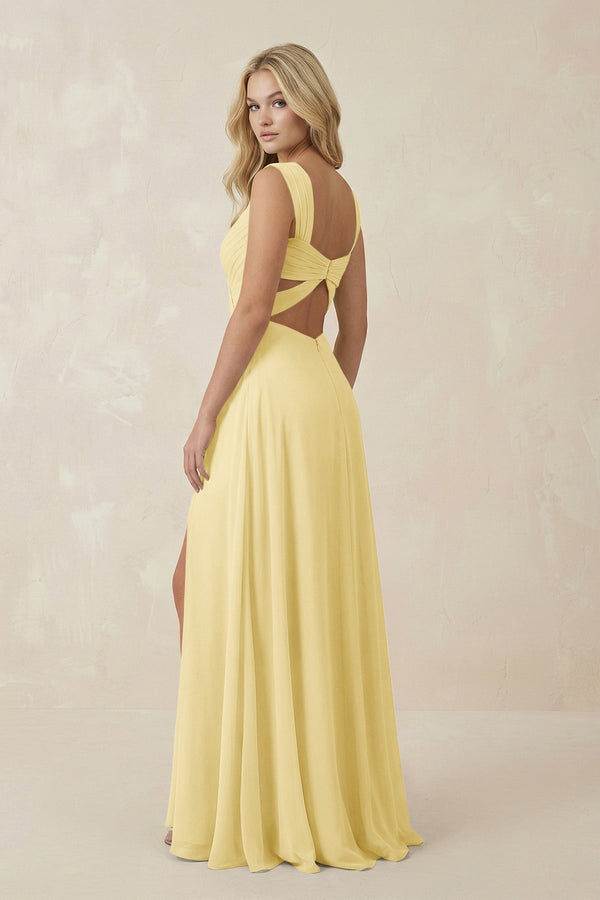 Sweetheart A - Line Chiffon Long Bridesmaid Dress in Pastel Yellow - KissProm Bridesmaid Dresses