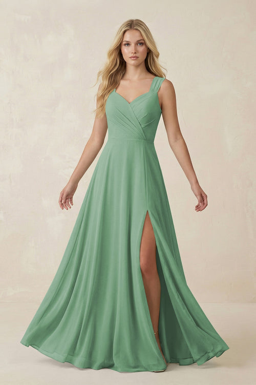 Sweetheart A - Line Chiffon Long Bridesmaid Dress in Sea Glass - KissProm Bridesmaid Dresses