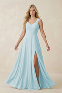 Sweetheart A - Line Chiffon Long Bridesmaid Dress in Sky Blue - KissProm Bridesmaid Dresses