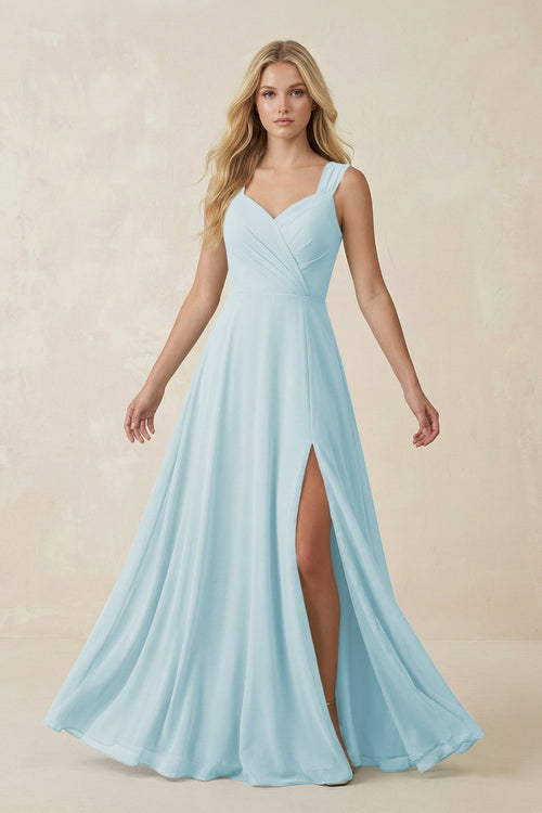Sweetheart A - Line Chiffon Long Bridesmaid Dress in Sky Blue - KissProm Bridesmaid Dresses