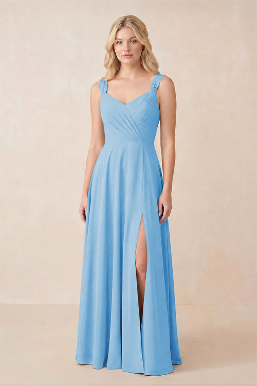 Sweetheart A-Line Chiffon Long Bridesmaid Dress in Steel Blue